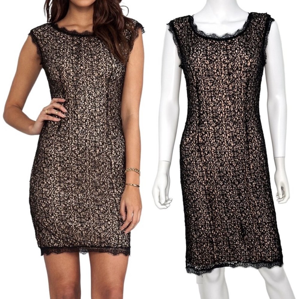 Halston Heritage Cap Sleeve Lace Sequin Sheath Short Mini Dress in Black Size 8